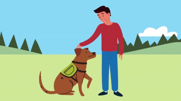 Hombre con perro en la animación del campamento — Vídeo de stock