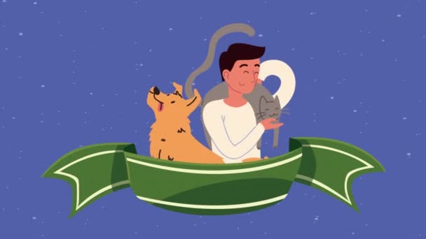 Man with dog and cat animation — Stock Video