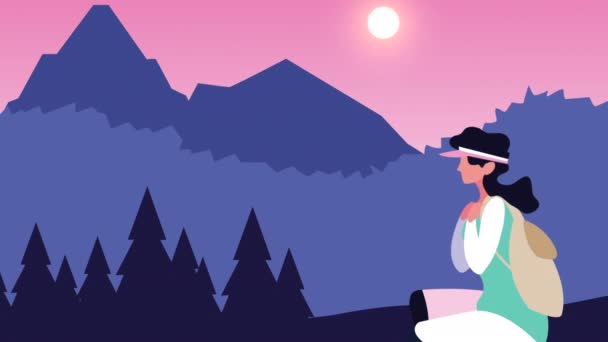 Joven chica aventurera en la animación de las montañas — Vídeo de stock