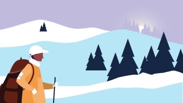 雪景色の中で冒険的なアフロマン — ストック動画