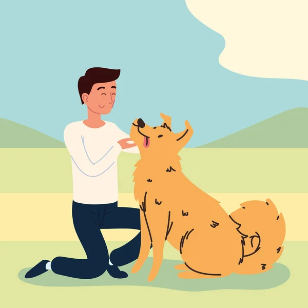 Homem brincando com um cão — Vetor de Stock