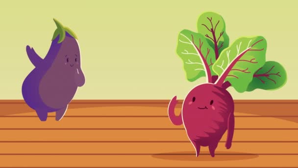 Eggplant and radish vegetables characters — Stock Video