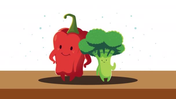 Pepper and broccoli vegetables characters — Stock Video