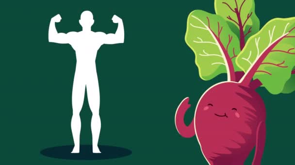 Radish character and healthy human body silhouette — Stock Video