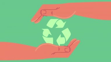Geri dönüşüm oklarını kaldıran ellerle ekoloji animasyonu