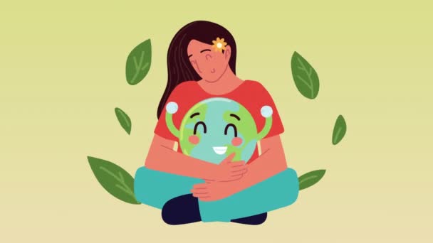 Animación ecología con la mujer protegiendo planeta tierra — Vídeo de stock