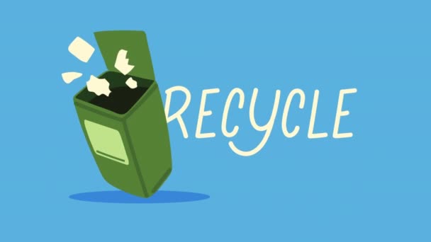 Ecology recycle lettering with waste bin — Stock Video