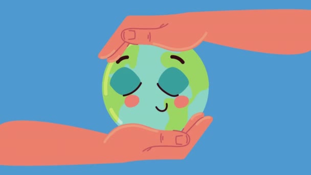 Animación ecología con las manos levantando el carácter de tierra — Vídeos de Stock