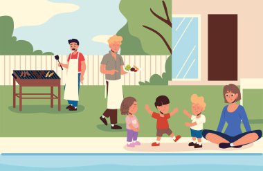 Mutlu bir aile barbekü yapıyor