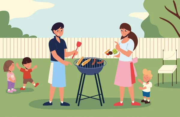 Family eating in the backyard — Stock Vector