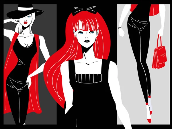 Modelos de moda retro negro y rojo — Vector de stock