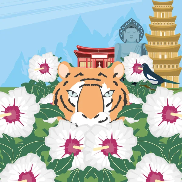 Koreanischer Tiger und Blumen — Stockvektor