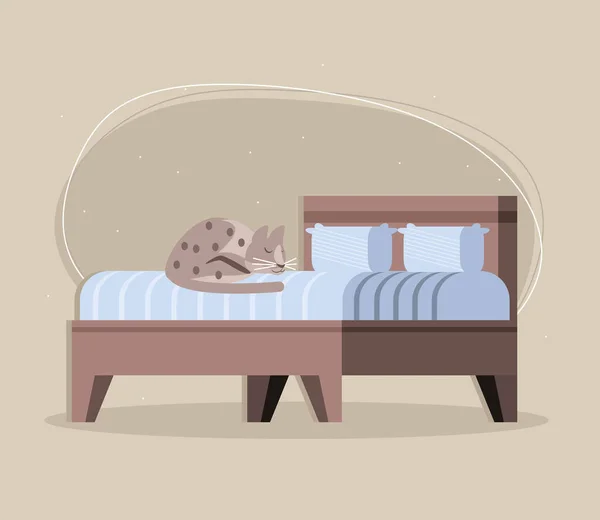 Gato na cama com travesseiros — Vetor de Stock