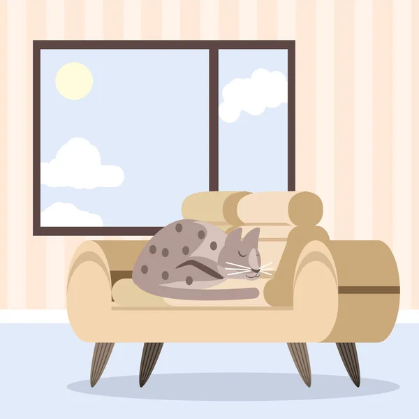 Dormindo gato no sofá móveis — Vetor de Stock