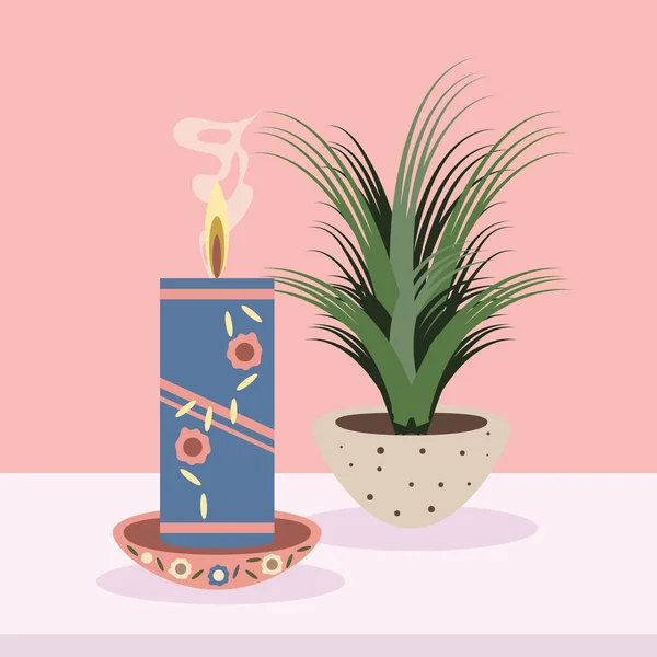 Burning candle and houseplant — Stock Vector