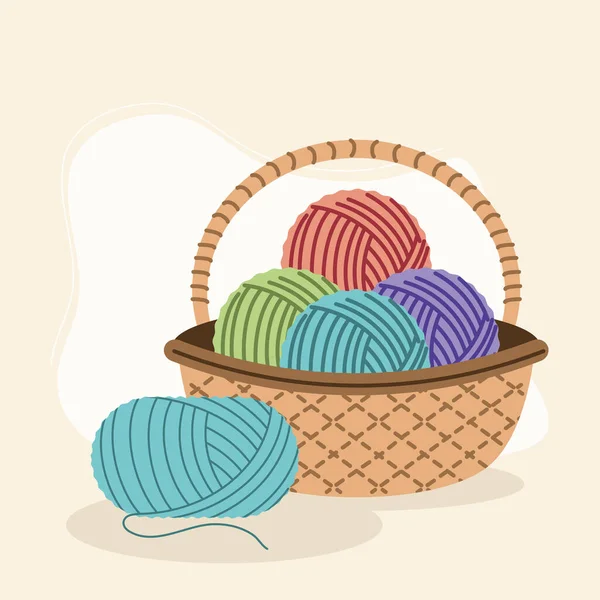 Bolas de lana en cesta — Vector de stock