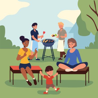 Barbekü partisinin arka bahçesindeki insanlar