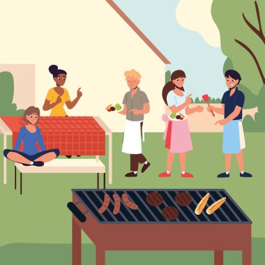 Aile barbekü partisi arka bahçede