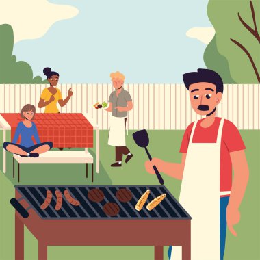 İnsanlar arka bahçede yemek hazırlıyorlar.