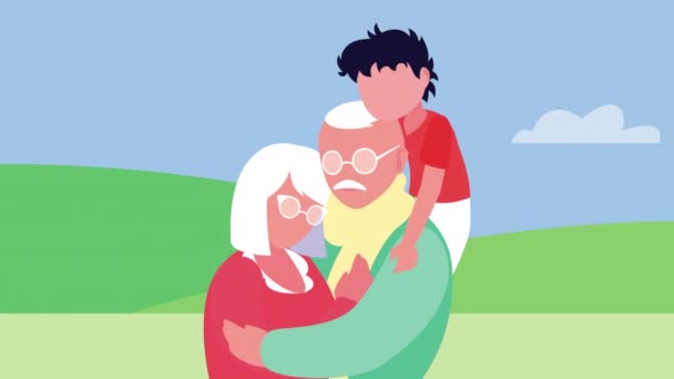 Бабушка и дедушка обнимаются с внуком в лагере — стоковое видео
