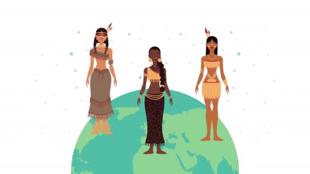Hembra grupo indigenero etnia y planeta — Vídeo de stock