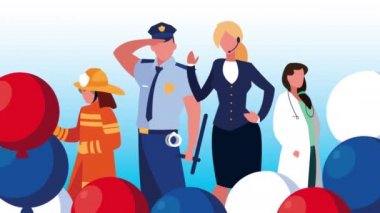 Balonlu dört profesyonel işçi helyum