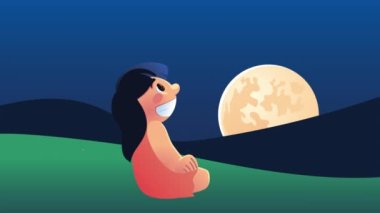 Ay 'a bakan sevimli küçük kız karakteri