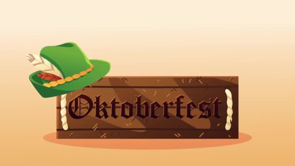 Oslavy oktoberfestu nápisy v dřevěném štítku a tyrolském klobouku — Stock video
