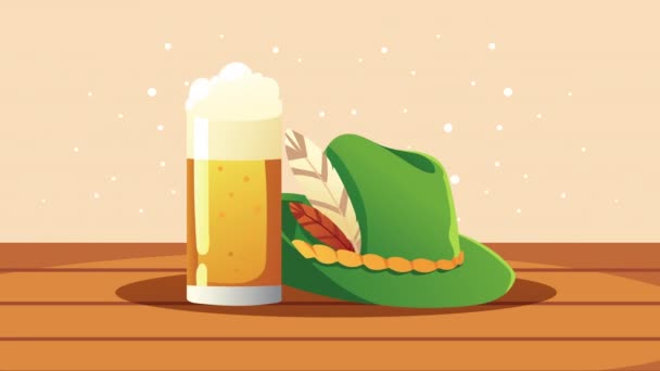 Oktoberfest animatie met bier en Tiroolse hoed — Stockvideo