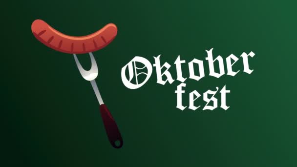Oktoberfest celebration lettering with sausage in fork — Stock Video