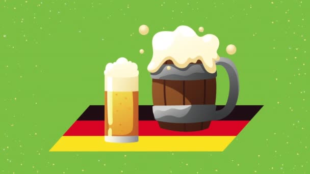 Oktoberfest γιορτή animation με μπύρες στη γερμανική σημαία — Αρχείο Βίντεο