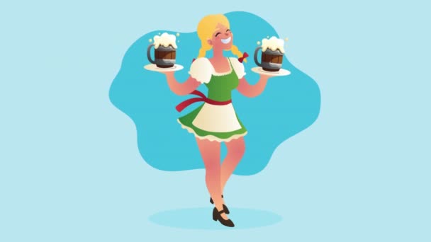 Oktoberfest celebration german woman and beers — Stock Video