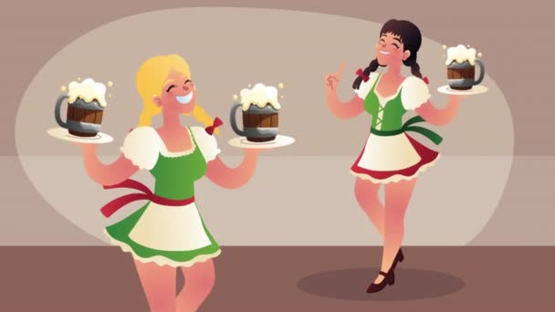 Oktoberfest celebración de las niñas alemanas y cervezas — Vídeo de stock