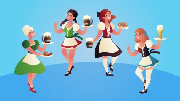 Oktoberfest celebración chicas alemanas y personajes cervezas — Vídeo de stock