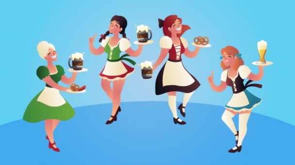 Oktoberfest celebración chicas alemanas y personajes cervezas — Vídeos de Stock