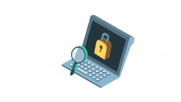 Laptop e cadeado com ampliação de animação de segurança cibernética — Vídeo de Stock