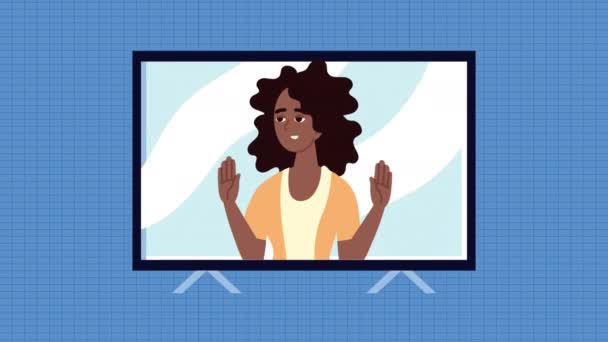 Afro mujer en tv carácter animación — Vídeo de stock