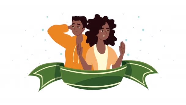 Afro joven pareja con cintas personajes animación — Vídeos de Stock