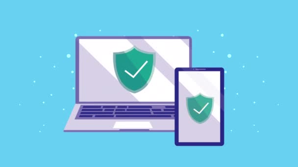 Laptop y smartphone con pantalla de seguridad cibernética — Vídeo de stock