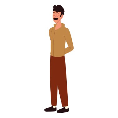 Bıyıklı adam ayakta duruyor.