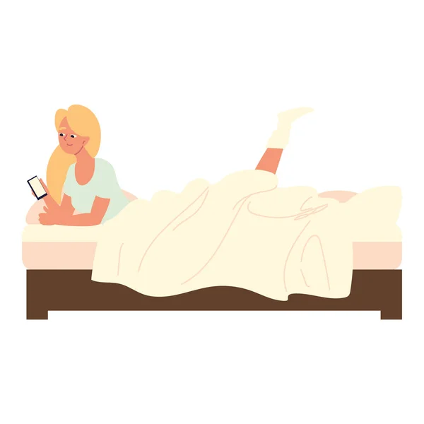 Mujer usando el teléfono en la cama — Vector de stock