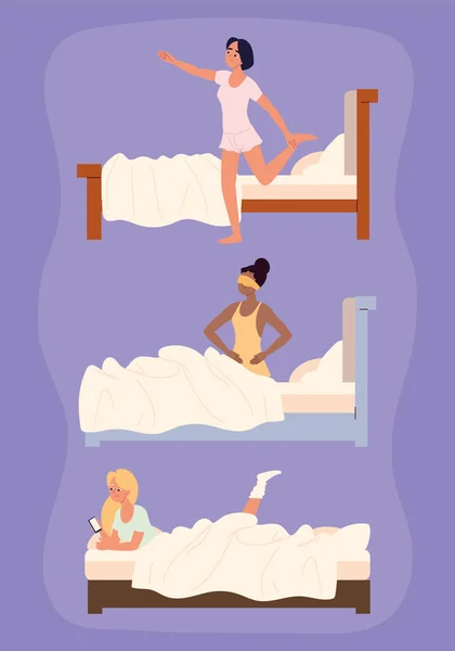 Kadınlar farklı yatak alışkanlıkları — Stok Vektör