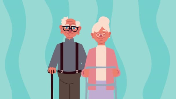 Couple de grands-parents avec marcheurs et canne — Video