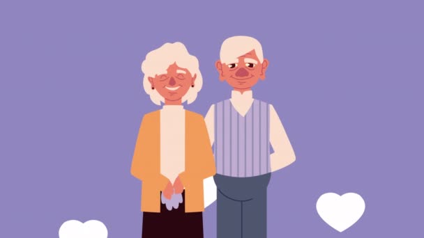 Grootouders paar personages met harten animatie — Stockvideo