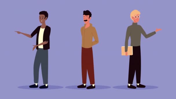 Interracial jóvenes hombres de pie personajes de animación — Vídeo de stock