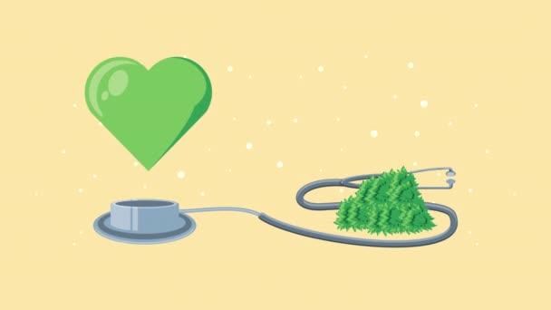 Hojas medicinales de cannabis con estetoscopio y verde corazón — Vídeo de stock