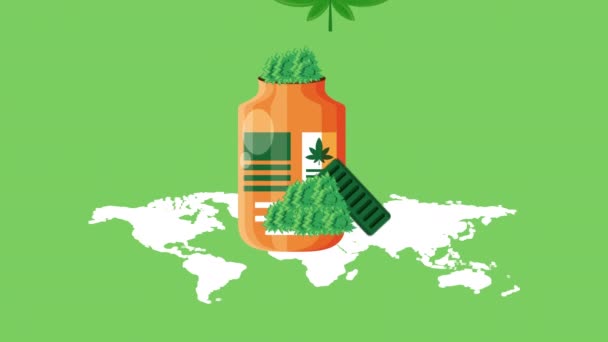 Medicinale cannabis pot op wereldkaart animatie — Stockvideo