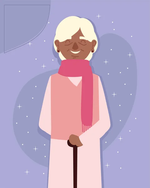 Abuela con bufanda y bastón — Vector de stock