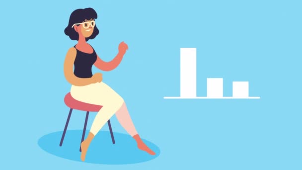 Jeune femme assise avec des statistiques bars animation — Video