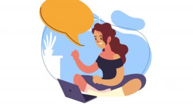 Dizüstü bilgisayarlı, konuşma balonlu bir kadın.